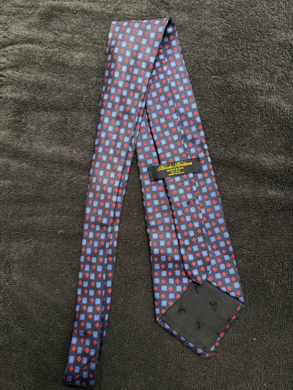Brooks Brothers Navy Silk Tie with Red and Light Blue Motif